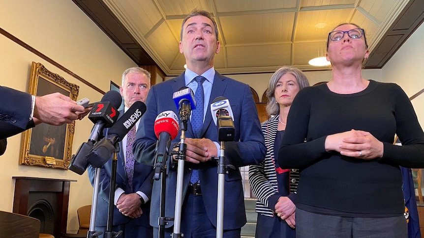 SA Premier Steven Marshall speaks to media with SA Health authorities and a sign language interpreter beside him.