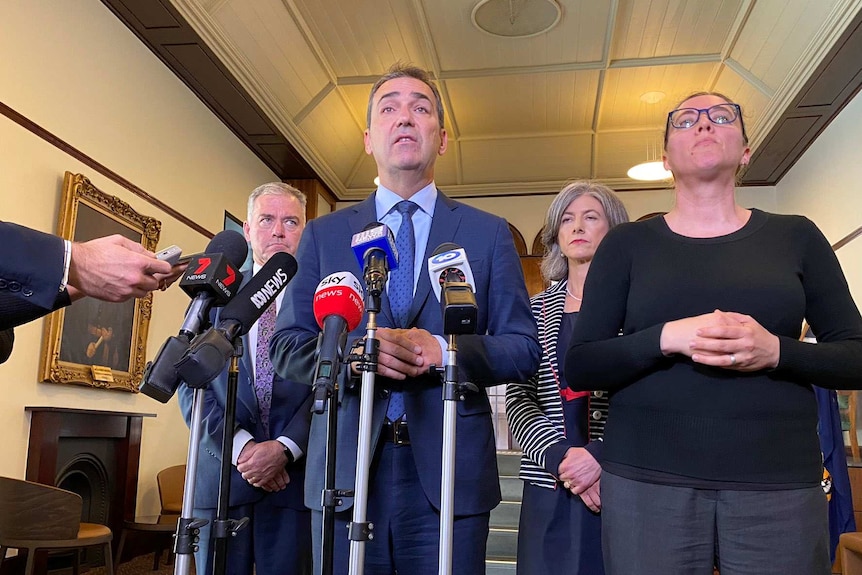 SA Premier Steven Marshall speaks to media with SA Health authorities and a sign language interpreter beside him.