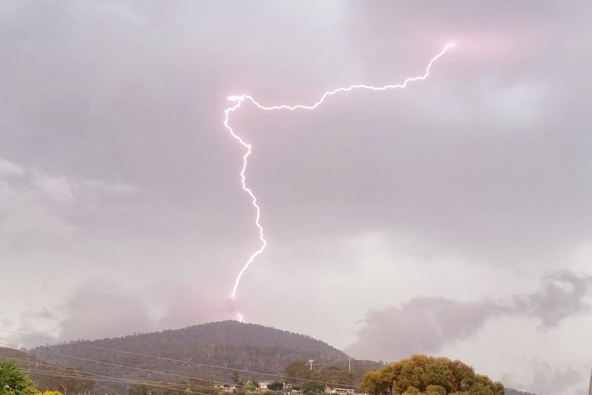 A lightning strike over Hobart.