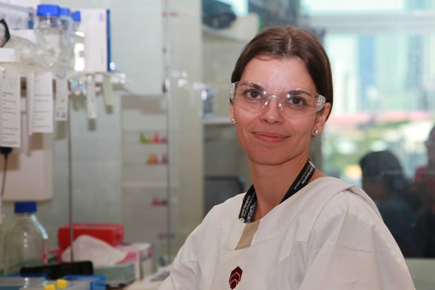 Dr Maria Ikonomopoulou sitting in the lab