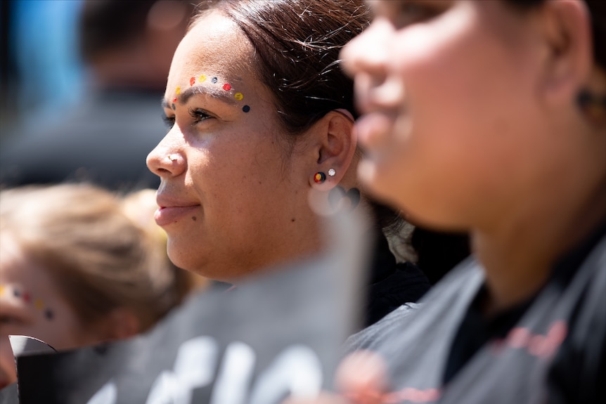 Noongar woman Melissa Ryder at a Perth rally for Cassius Turvey.