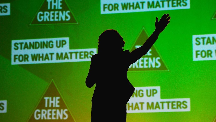 Woman in silhouette in front of Greens slogans.