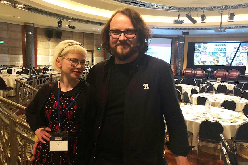 Veronica Fil and Shaun Quade of the South Melbourne eatery Lume pose at a summit for the restaurant industry.