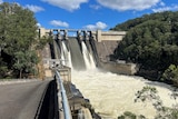 water spilling out of warragamba dam after it reached full capacity due to the severe rainfall