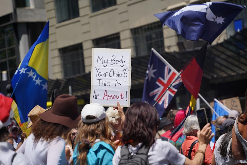 A sign reading 'My body, your choice? This is an assault!' being held up at a protest.