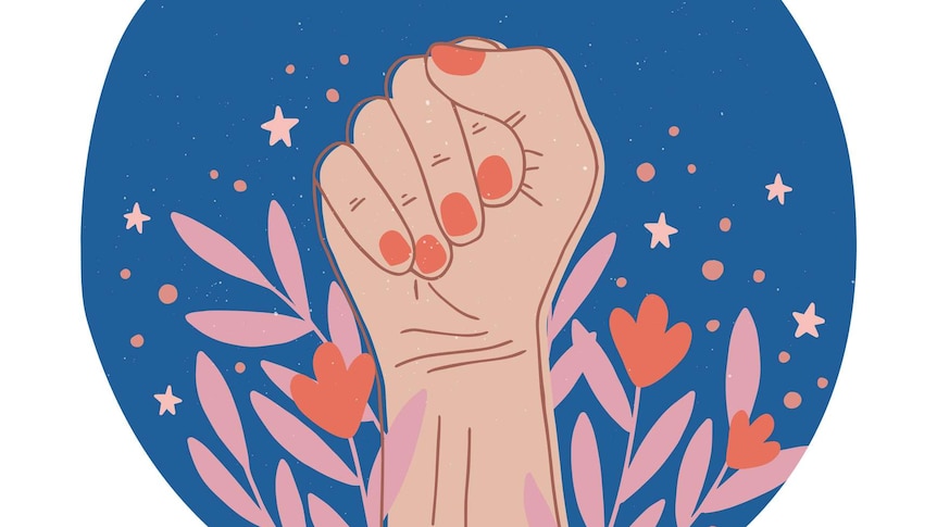 Illustration of woman's hand with clenched fist. Plants feature in the background.