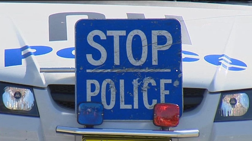 'Stop Police' sign on front of highway patrol car.