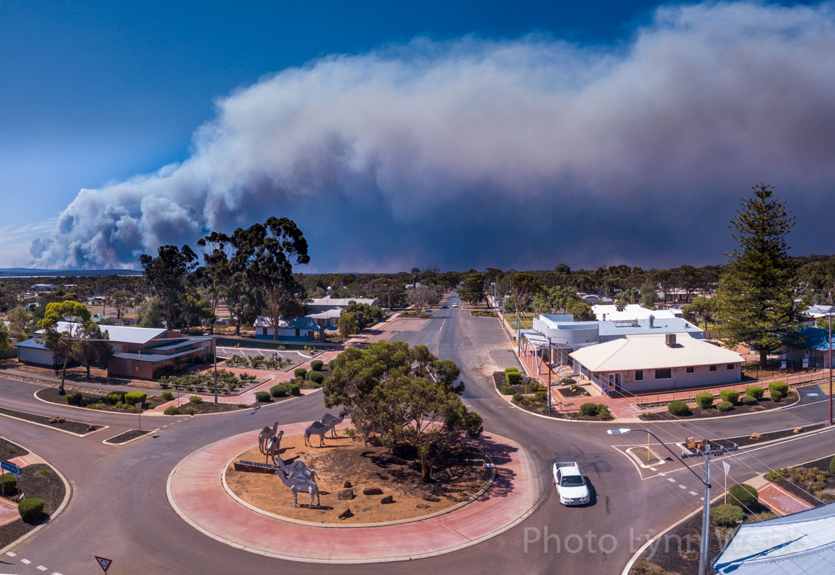 Smoke clouds from bushfires near a small town.