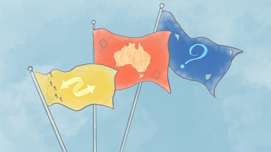 An illustration with a yellow flag with an arrow, an orange flag with Australia and a blue flag with a question mark.
