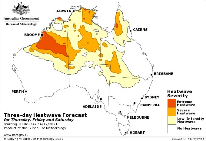 Map of AUS, yellow and orange over north WA, the NT and western Qld with red over the north WA indicating extreme heatwave