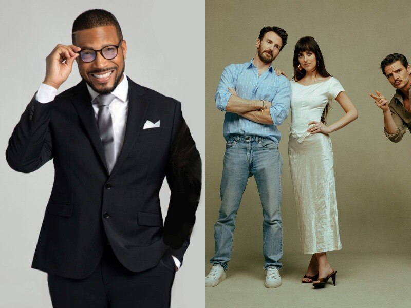 A composite image of Joseph Dixon, a Black man wearing a suit and reading glasses, smiling, the 3 stars from Materialists