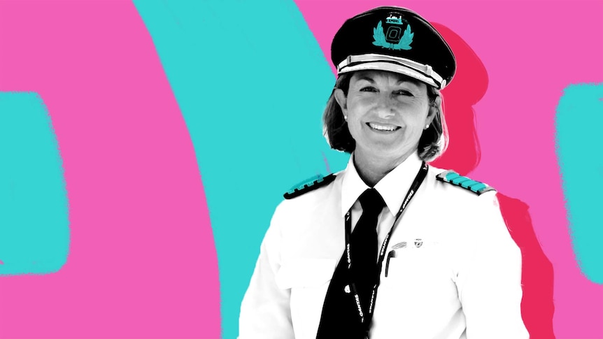 Helene hero wearing a pilot's cap with ABC Everyday colour treatment as a background
