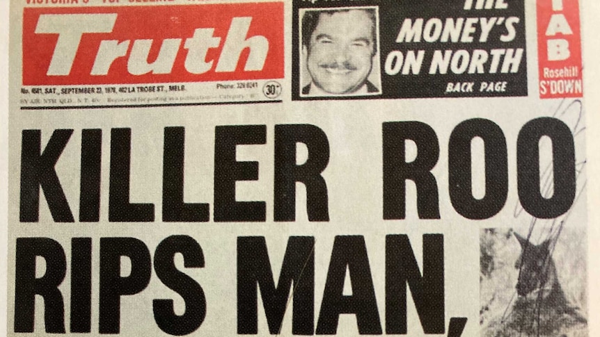Copy of front page of Truth Newspaper from 1970s, showing topless woman, naked Joan Collins, headline Killer Roo Rips Man & Dog