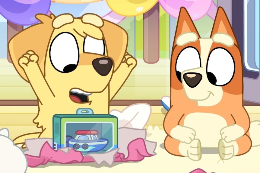A pup wins a big prize at the end of the game pass-the-parcel in an episode of Bluey.