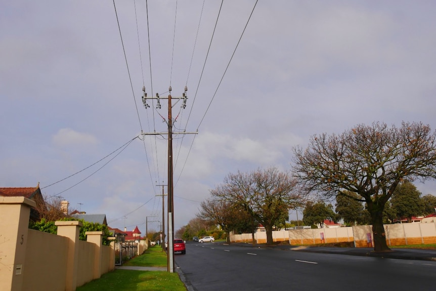 A streetscape with powerlines