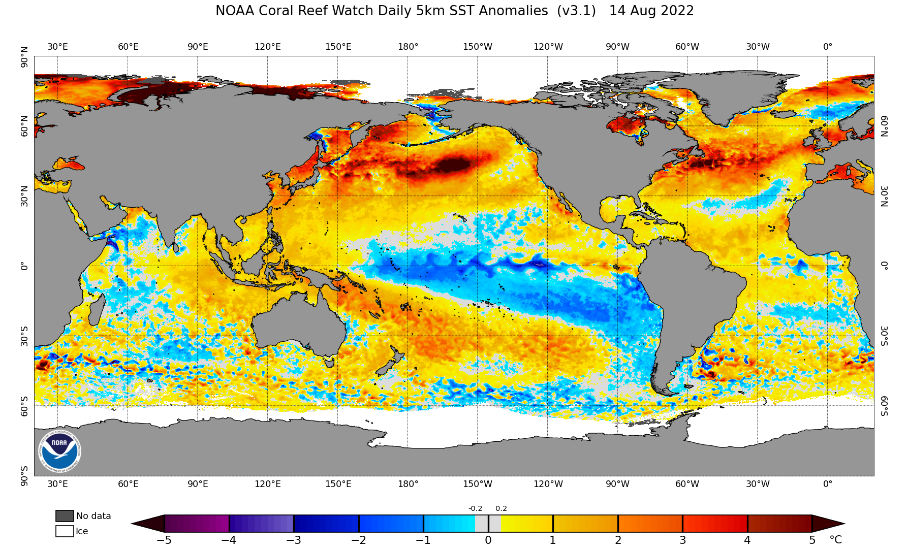 Map of global sea surface temperature anomalies. Red patch near north eastern Australia. 