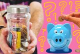 A man holding a jar of cash next to a blue piggy bank with a coin being added, test your money knowledge.