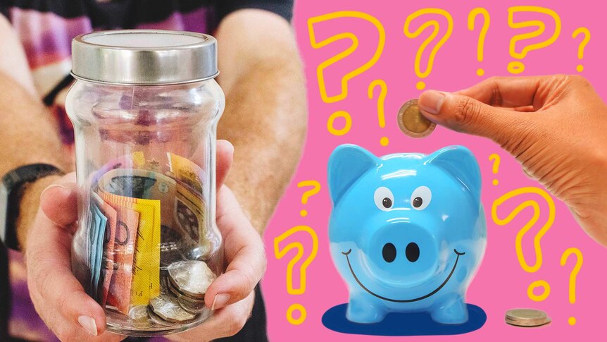 A man holding a jar of cash next to a blue piggy bank with a coin being added, test your money knowledge.