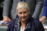 Ann Sudmalis, wearing a blue and grey leopard-print scarf and patterned blazer, stands in the House of Reps.