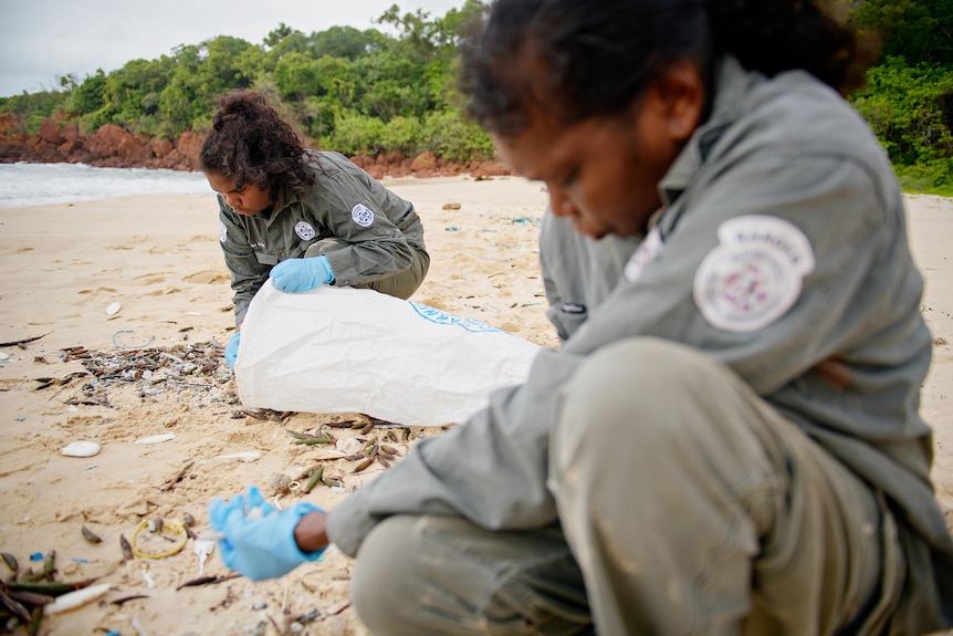Danielle Yunupingu collecting rubbish into a bag on a beach in East Arnhem Land beside someone else in the foreground. 