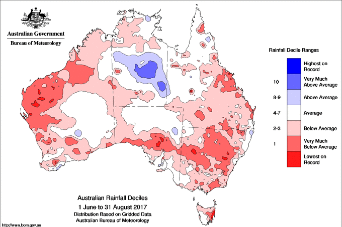 Rainfall variations to average Australia June to August 2017