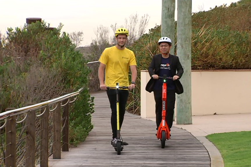 Two people riding scooters on a wooden boardwalk