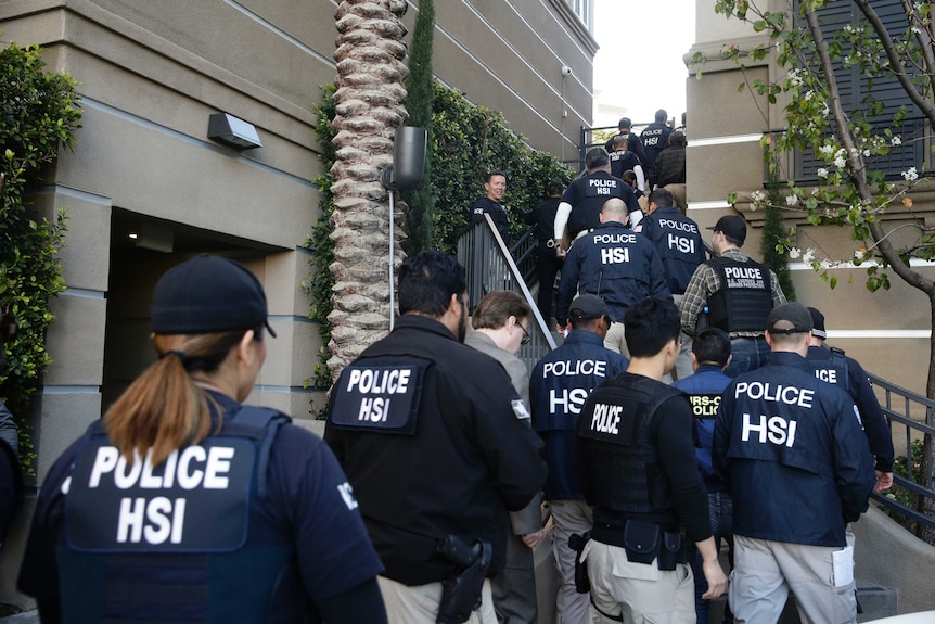 Up to 19 officers in navy vests reading "Police HSI" walk up steps and into apartment complex.