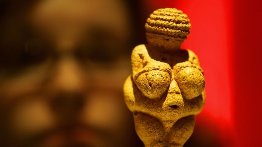 A woman looks at the Venus of Willendorf sculpture.