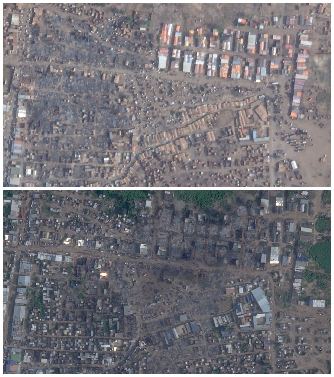 Two satellite images show a large, open-air market before and after a military strike.