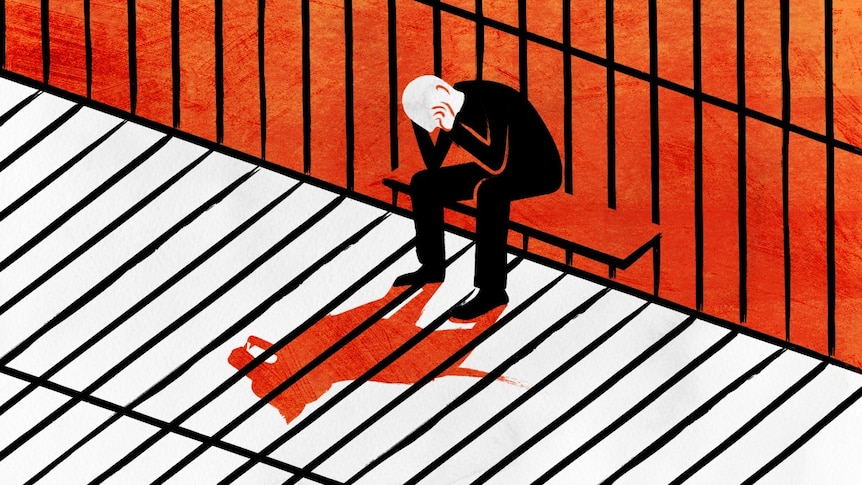 An illustration shows a man, head in hands, sitting in a prison cell