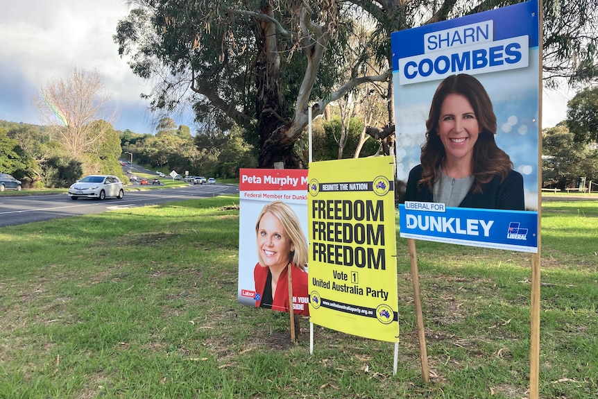 Three corflutes for Labor, the United Australia Party and the Liberal Party sit side-by-side on a green suburban lawn.