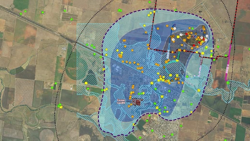 Light blue 'plume' shows extent of groundwater contamination over Oakey