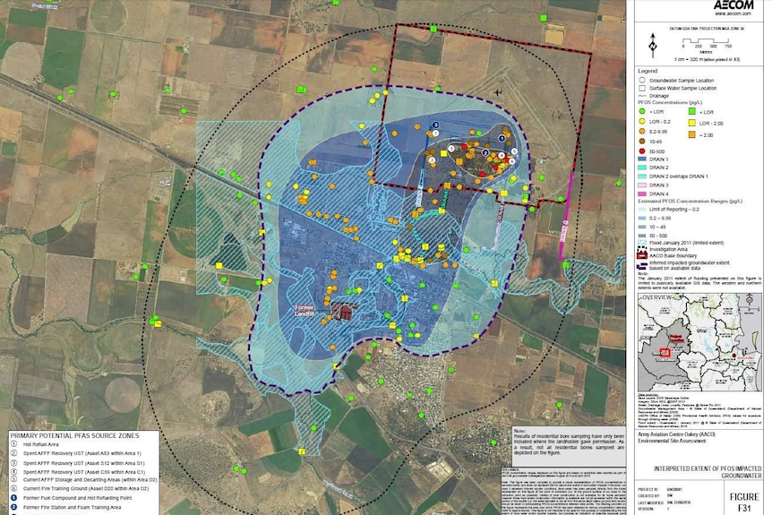 Light blue 'plume' shows extent of groundwater contamination over Oakey