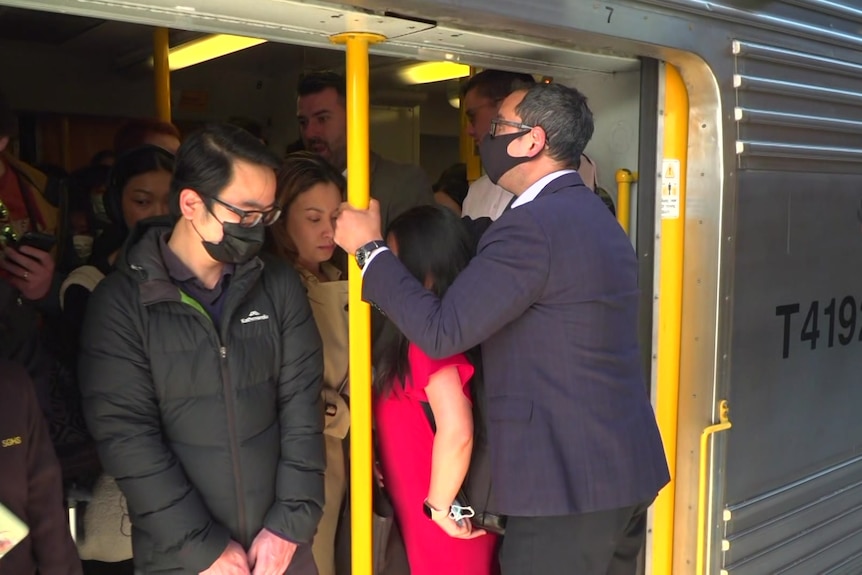 Many commuters squash into a train carriage