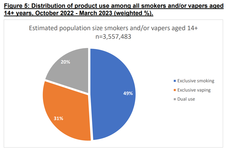 A pie chart showing 49 per cent exclusive smokers, 31 per cent vaping, 20 per cent dual use. 