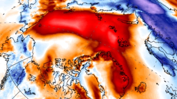 A weather map shows a red smudge over the Arctic, with blue and purples smudges over Europe.