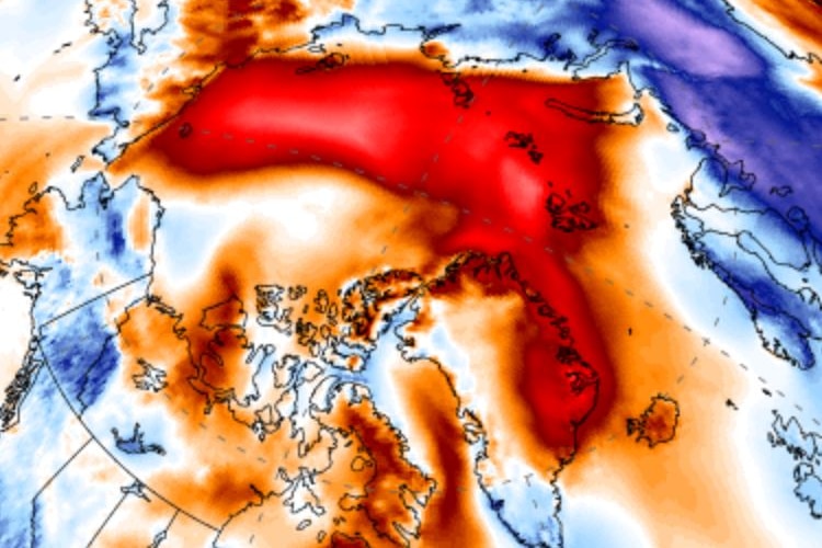 A weather map shows a red smudge over the Arctic, with blue and purples smudges over Europe.