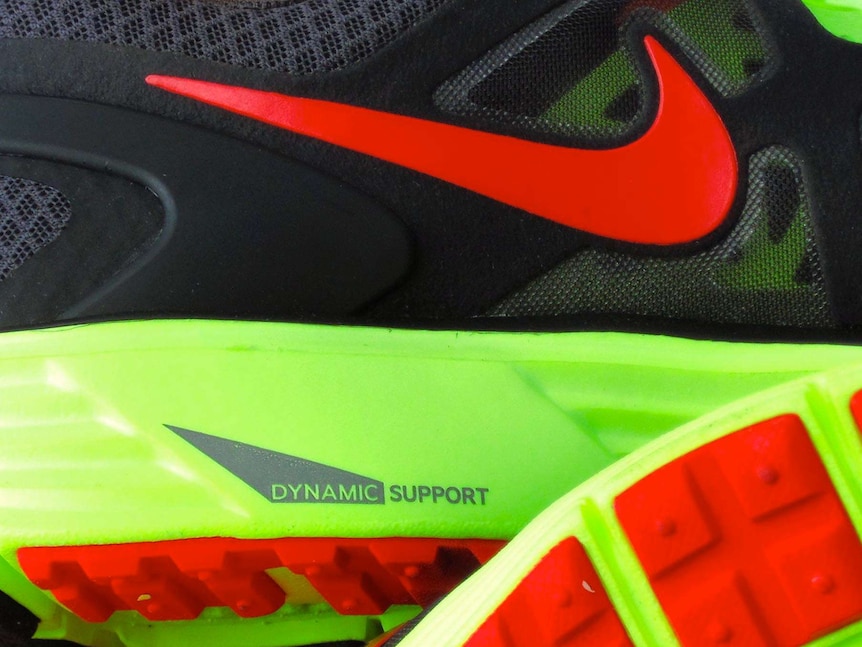 Nike logo on a shoe.