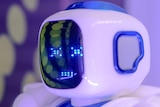 Close up of the head of a blue and white humanoid robot with a screen for a face.