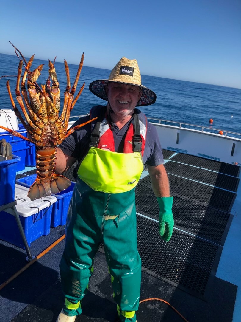 A man on a boat holding up a lobster.