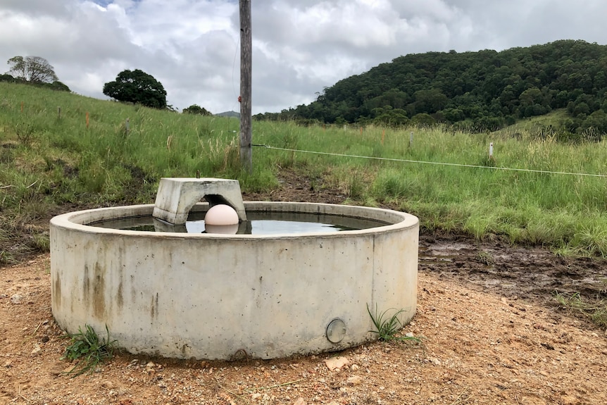 A big round concrete drinking trough with an electric fence behind it.