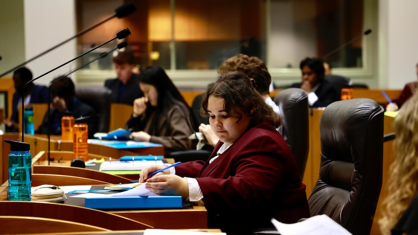 Young woman sits at desk in parliament holding a pen and looking at papers, with other young people in background