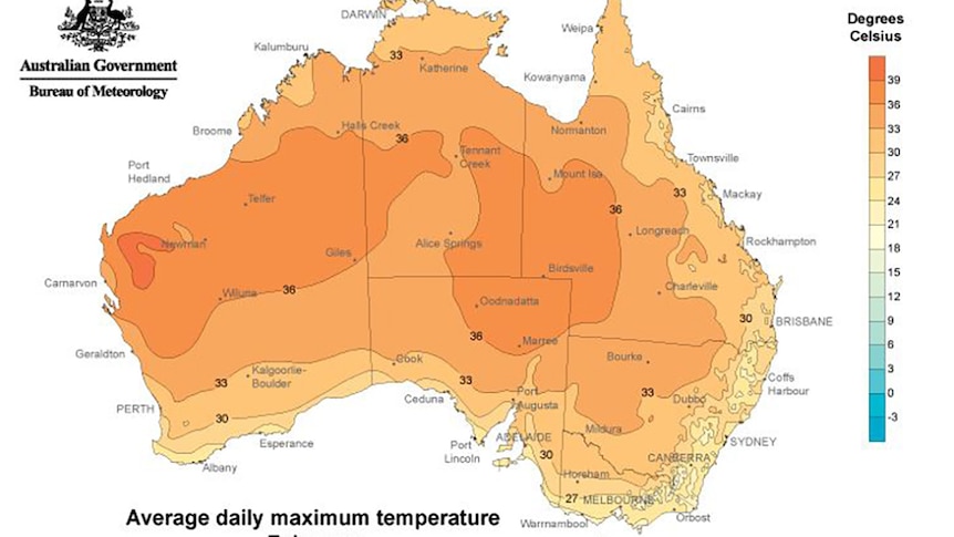 BOM map of February maximum temperatures across Australia