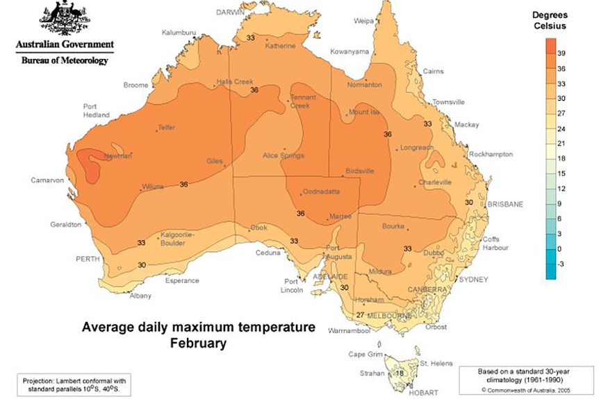 BOM map of February maximum temperatures across Australia