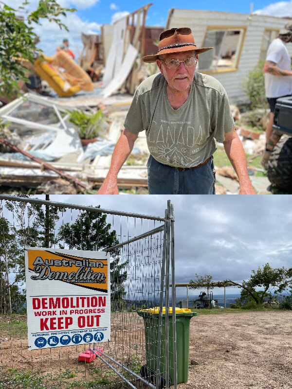 A composite image of a man standing in front of a severely damaged home and an image of fenced land with a demolition sign.