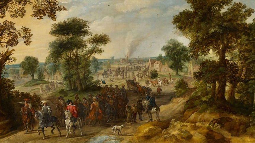 A painted landscape featuring cavalry and soldiers leaving a village in ruins.
