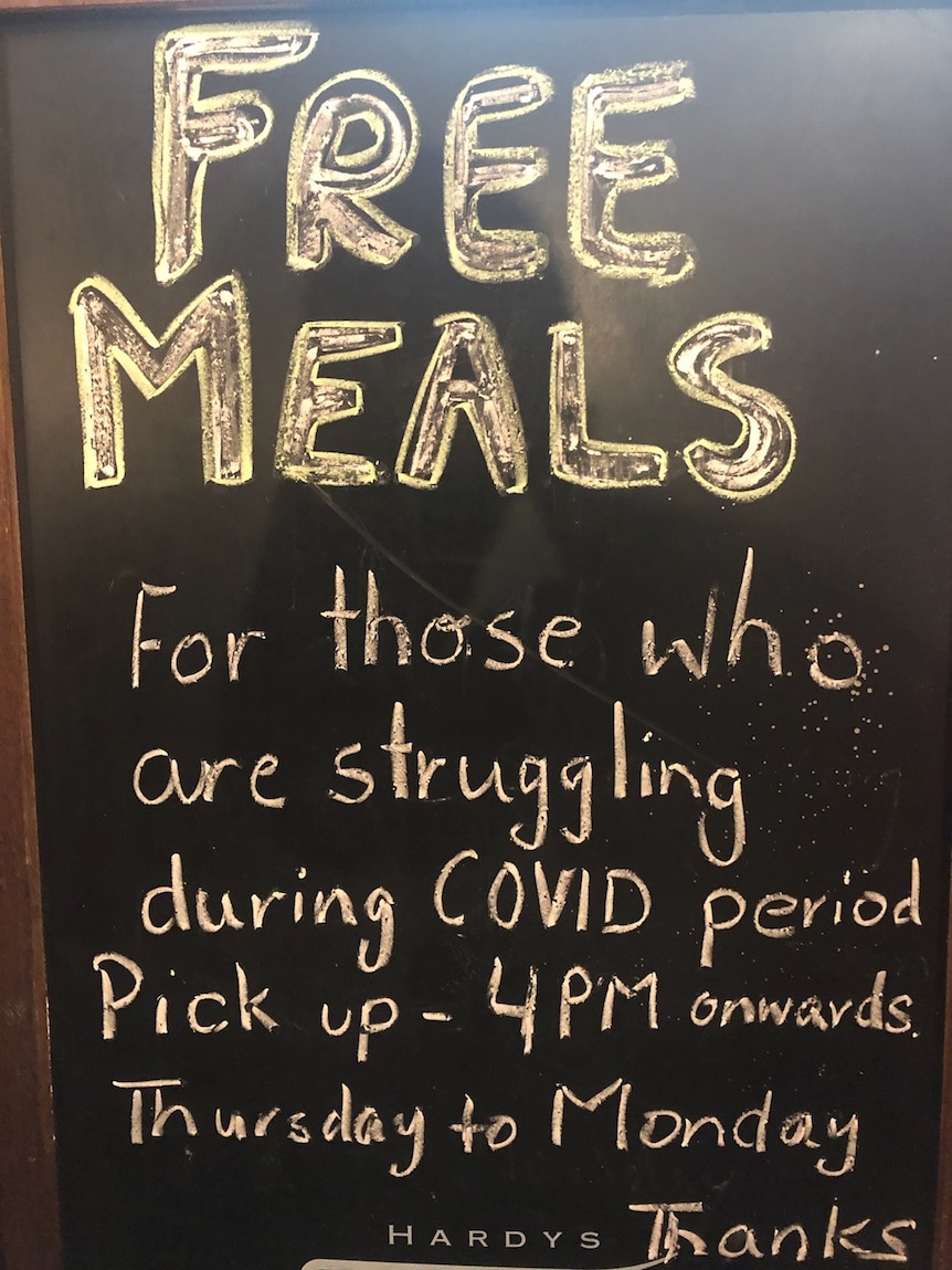 Sign that says free meals are available during lockdown.