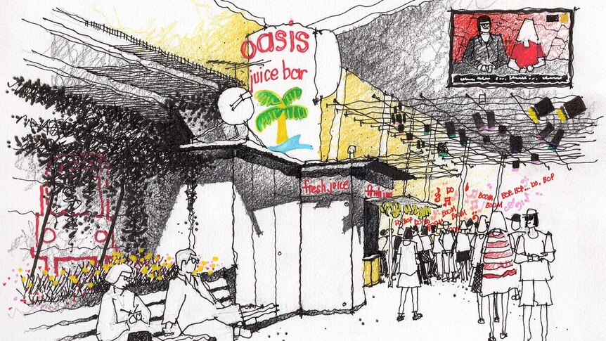 Sketch of Oasis Juice Bar in Brisbane's Queen St Mall.