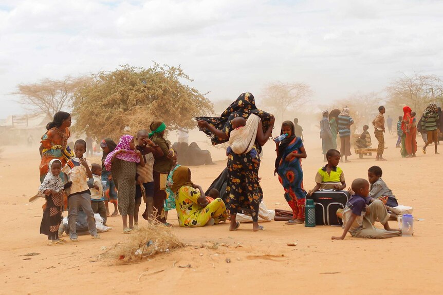 A group of refugees, including children, wait outside the world's largest refugee camp, as dust is blown into the air.