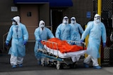 Health care workers wheel out a body of a dead person covered in an orange sheet.